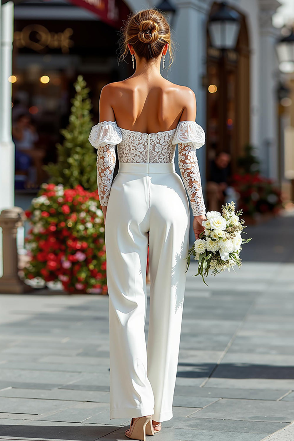 White Long Sleeves Off the Shoulder Bridal Jumpsuits with Lace