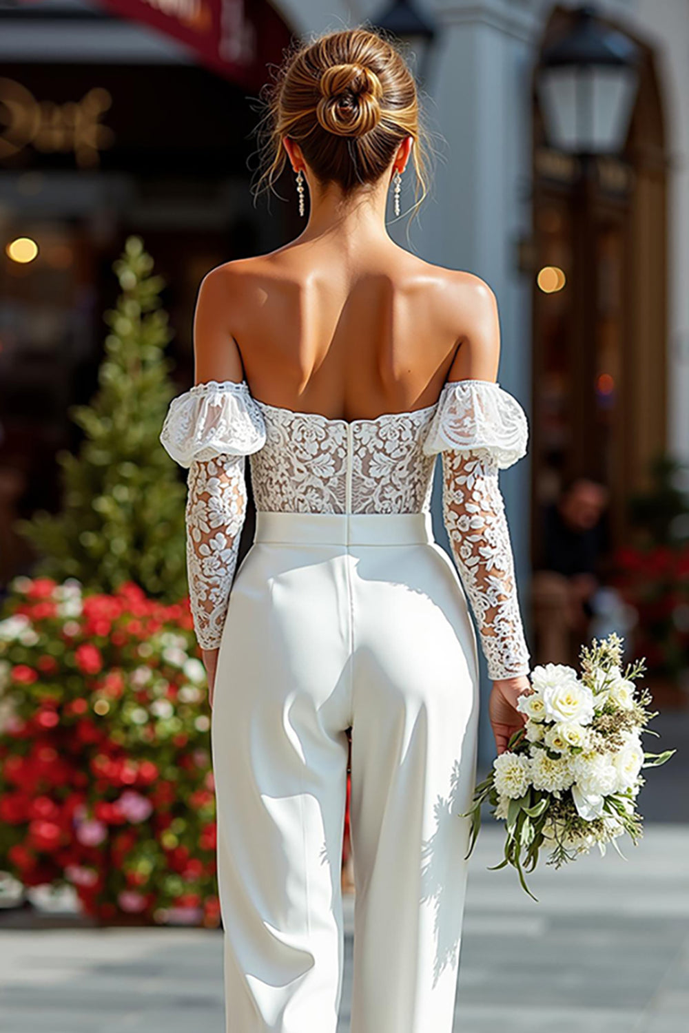 White Long Sleeves Off the Shoulder Bridal Jumpsuits with Lace