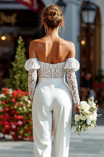 White Long Sleeves Off the Shoulder Bridal Jumpsuits with Lace