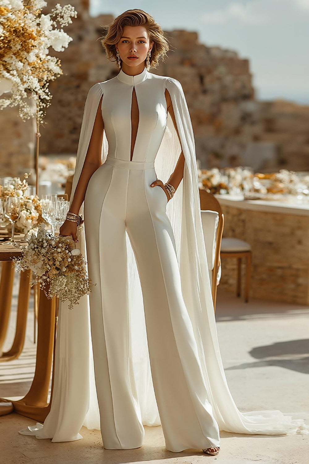 Ivory Keyhole High Neck Bridal Jumpsuits with Pockets