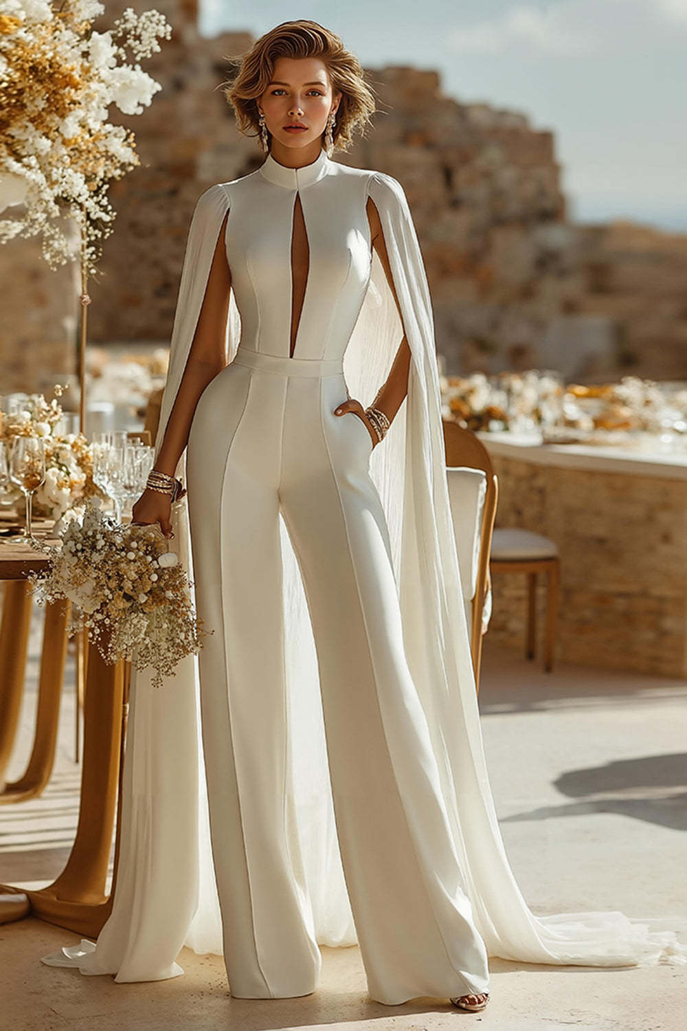 Leely Women Ivory Bridal Jumpsuits with Pockets High Neck Keyhole Wedding Jumpsuits with Cape