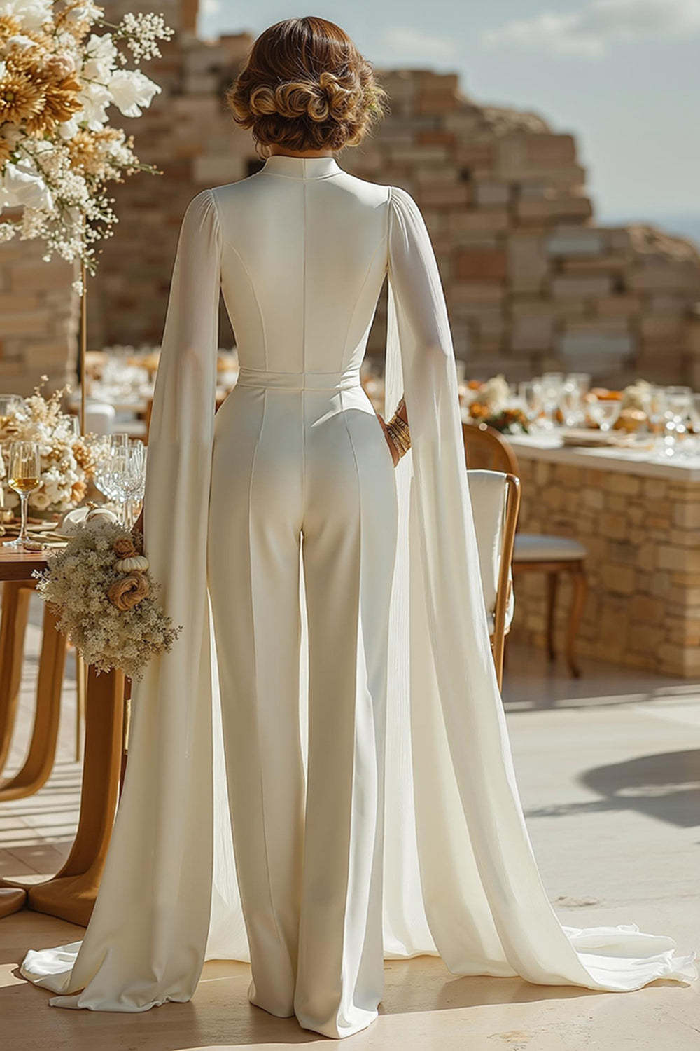 Ivory Keyhole High Neck Bridal Jumpsuits with Pockets