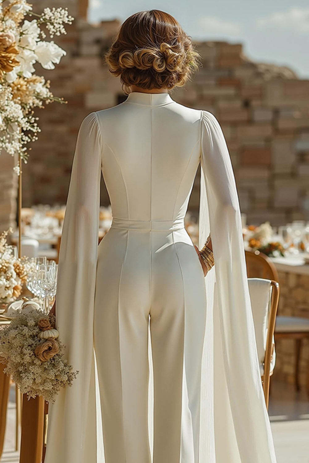Ivory Keyhole High Neck Bridal Jumpsuits with Pockets