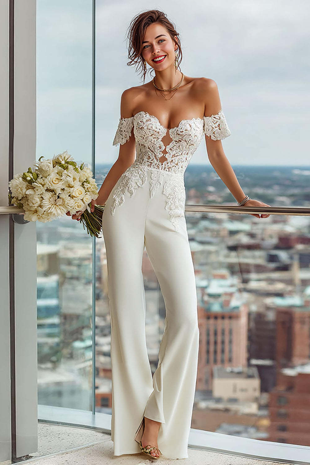Leely Women Simple White Bridal Jumpsuits Lace Sweetheart Wedding Jumpsuits