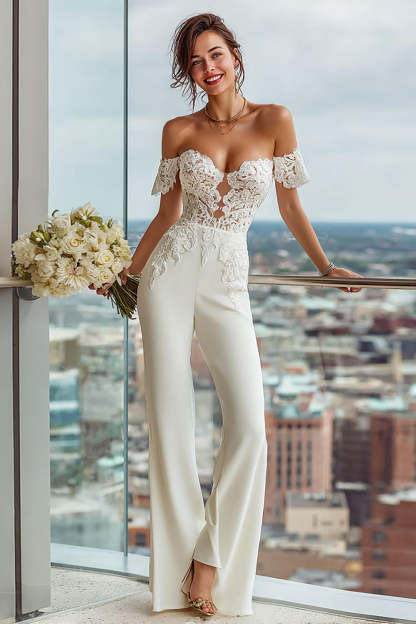 Leely Women Simple White Bridal Jumpsuits Lace Sweetheart Wedding Jumpsuits