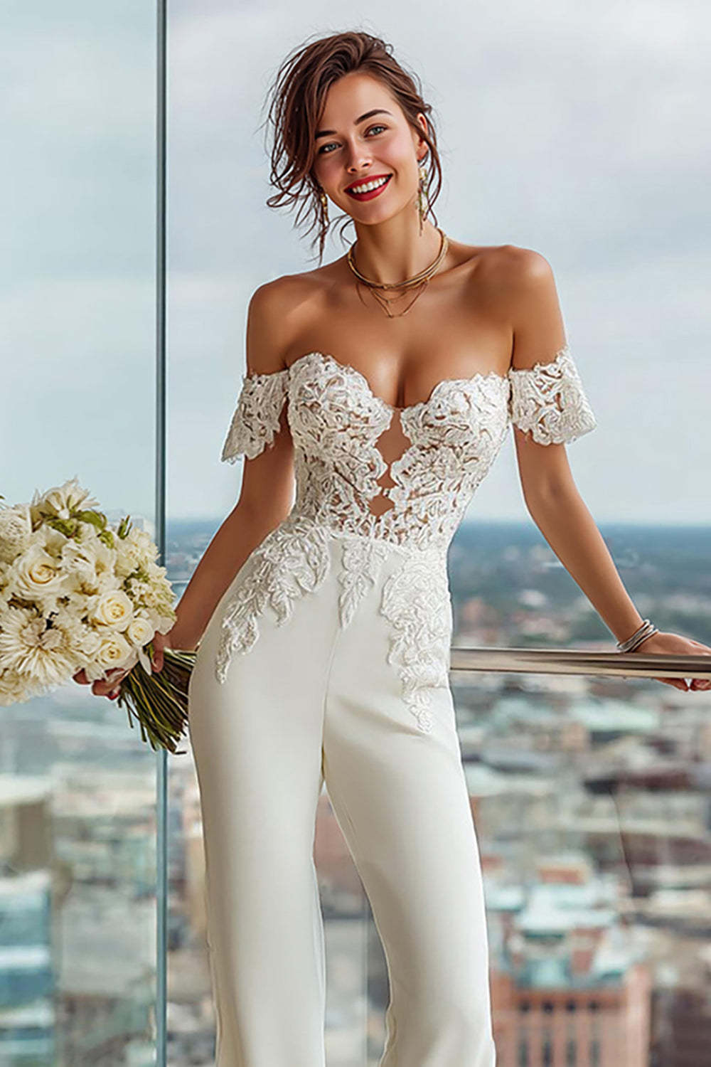 Simple White Sweetheart Lace Bridal Jumpsuits