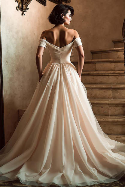 White Off the Shoulder A Line Sweep Train Wedding Dress with Slit