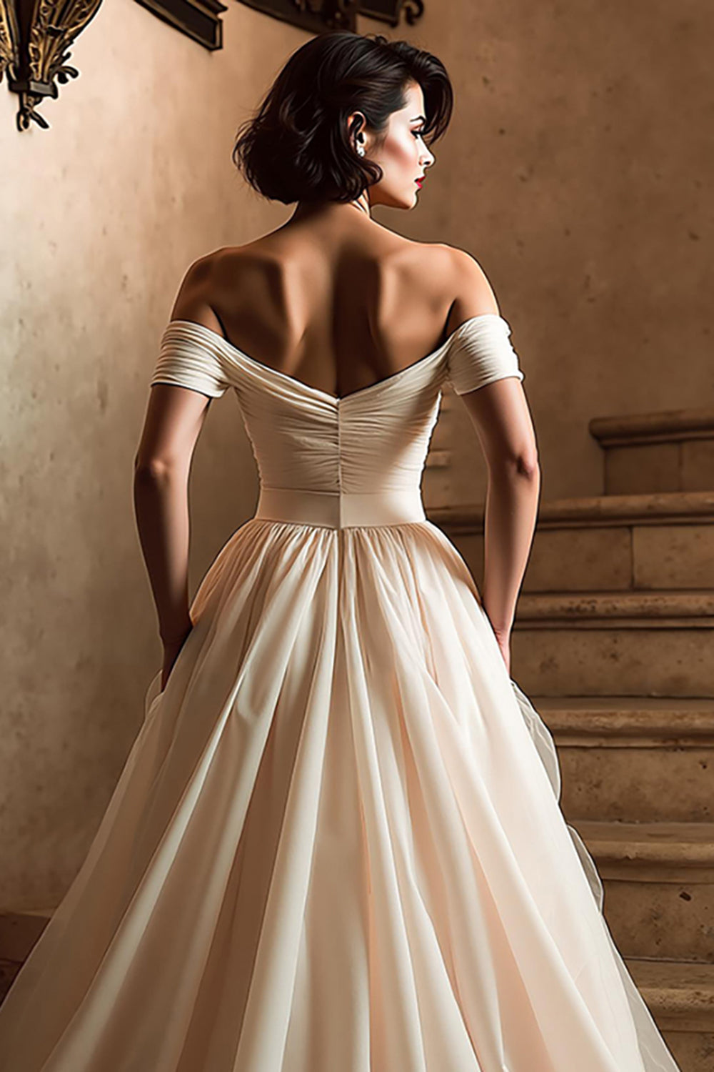 White Off the Shoulder A Line Sweep Train Wedding Dress with Slit