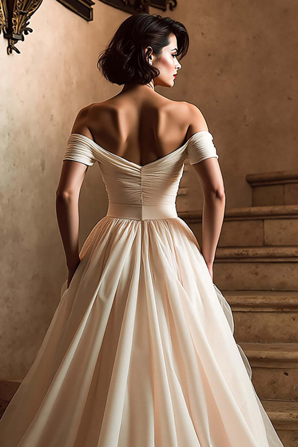 White Off the Shoulder A Line Sweep Train Wedding Dress with Slit