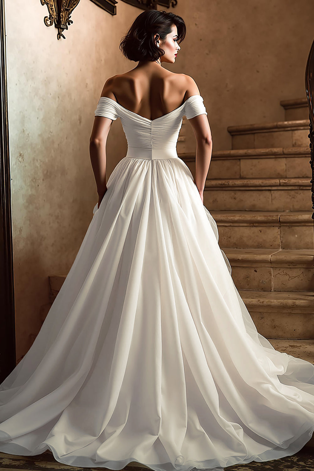White Off the Shoulder A Line Sweep Train Wedding Dress with Slit