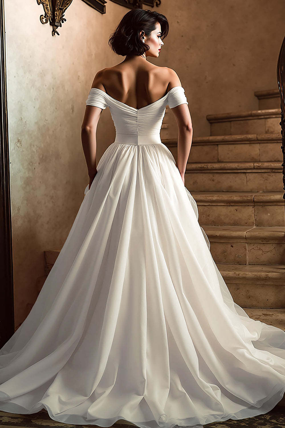 White Off the Shoulder A Line Sweep Train Wedding Dress with Slit