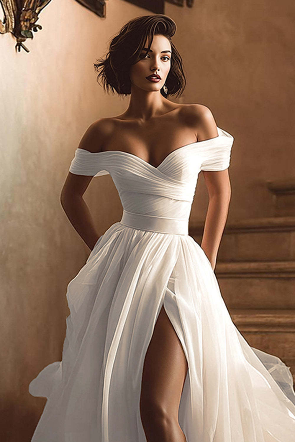 White Off the Shoulder A Line Sweep Train Wedding Dress with Slit