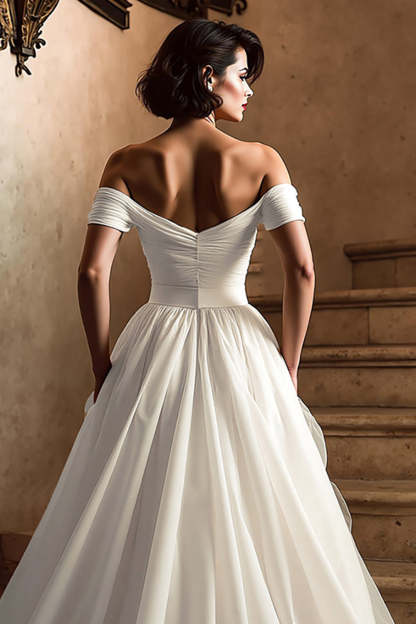 White Off the Shoulder A Line Sweep Train Wedding Dress with Slit