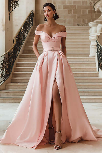 Leely Women White Sweep Train Satin Wedding Dress with Slit A Line Off the Shoulder Bridal Dress with Pockets