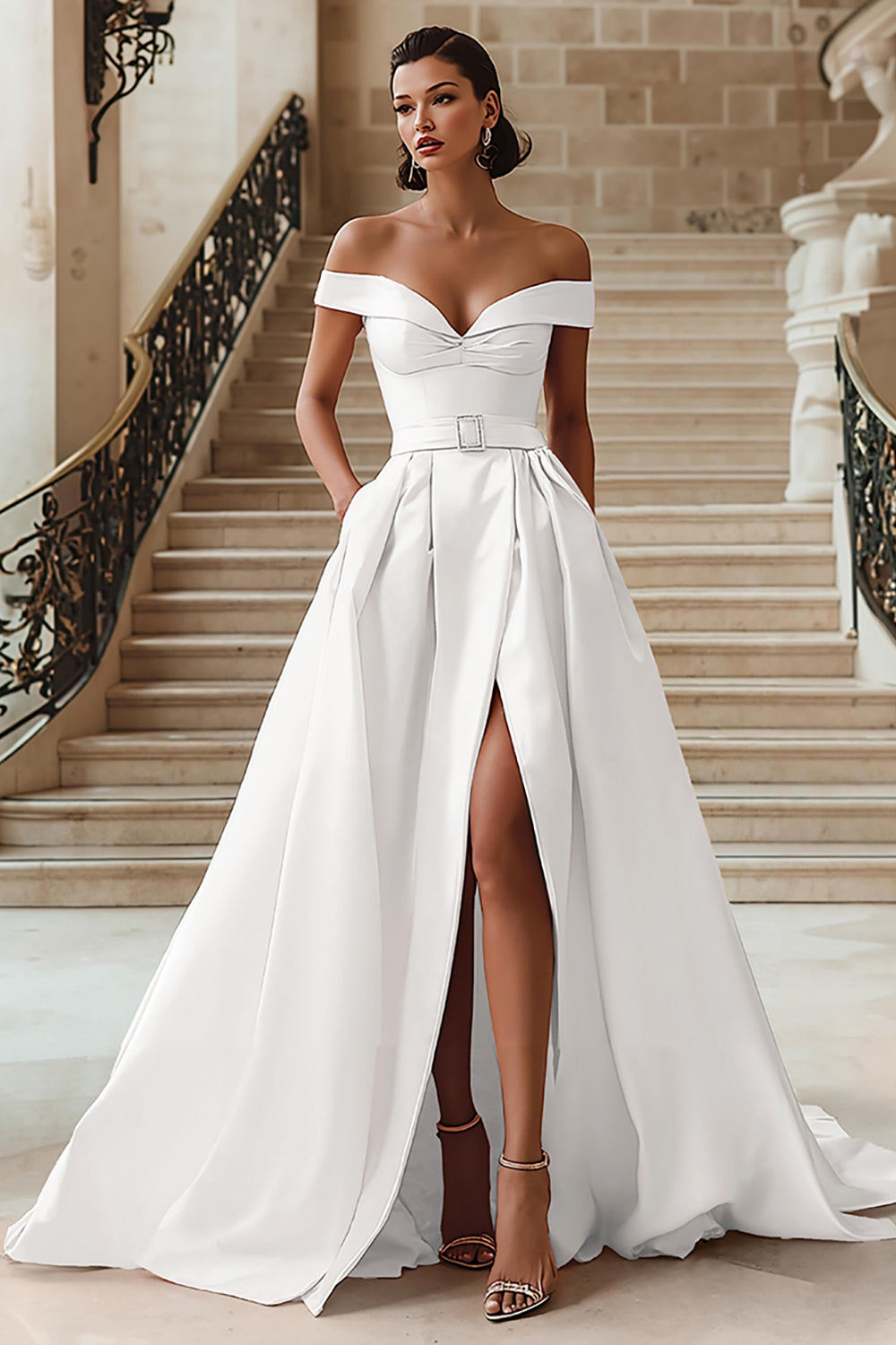 White Off the Shoulder Sweep Train A Line Wedding Dress with Slit