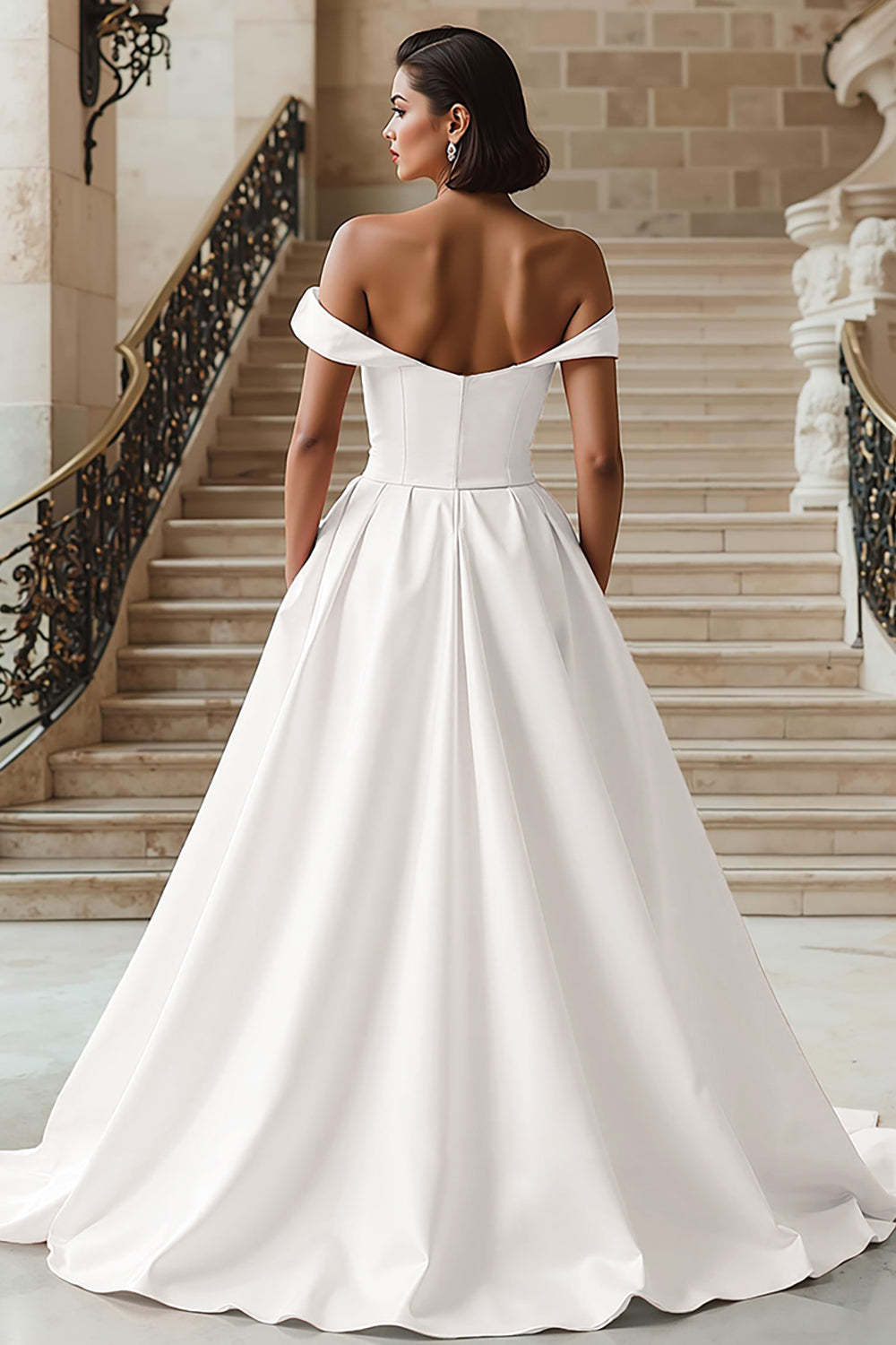 White Off the Shoulder Sweep Train A Line Wedding Dress with Slit