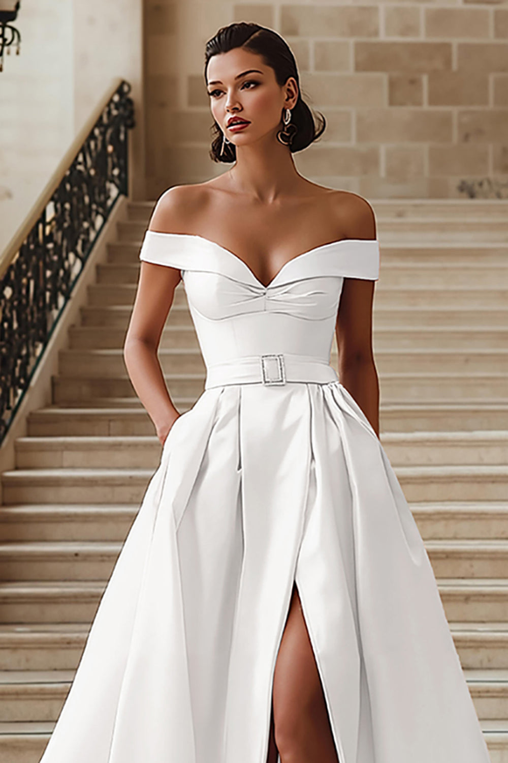 White Off the Shoulder Sweep Train A Line Wedding Dress with Slit