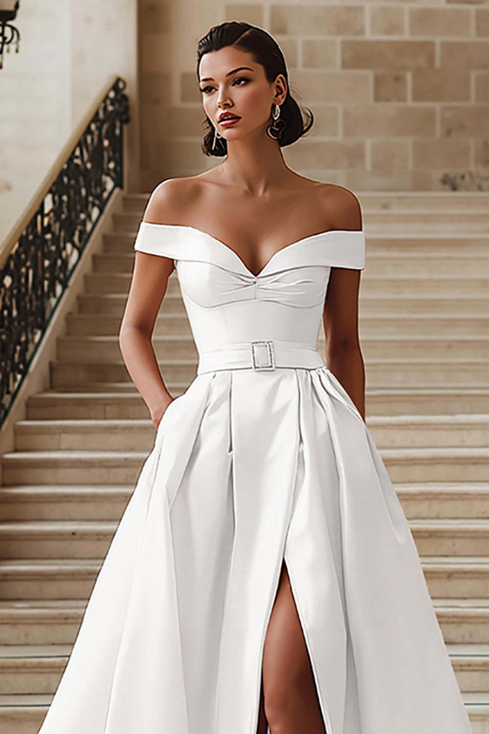 White Off the Shoulder Sweep Train A Line Wedding Dress with Slit