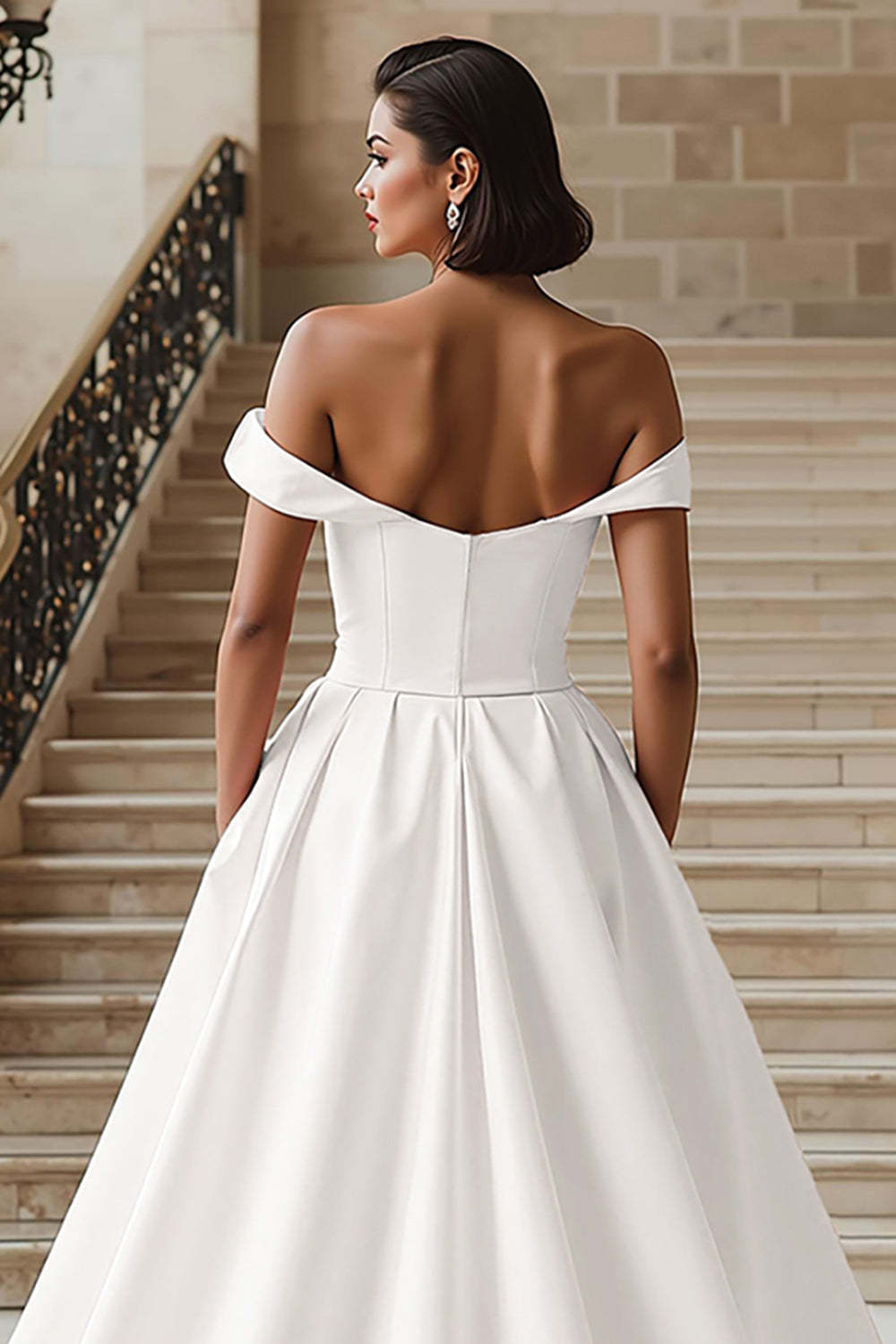 White Off the Shoulder Sweep Train A Line Wedding Dress with Slit