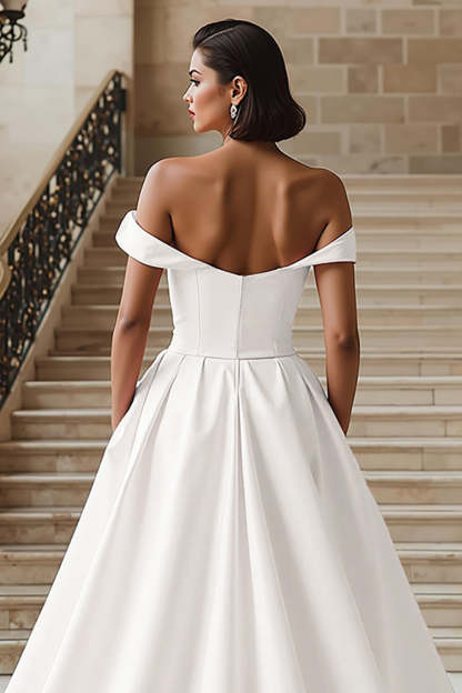 White Off the Shoulder Sweep Train A Line Wedding Dress with Slit