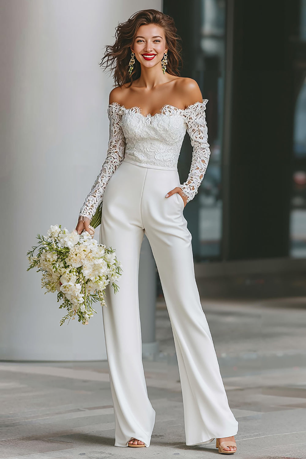 White Off the Shoulder Long Sleeves Bridal Jumpsuits with Pockets