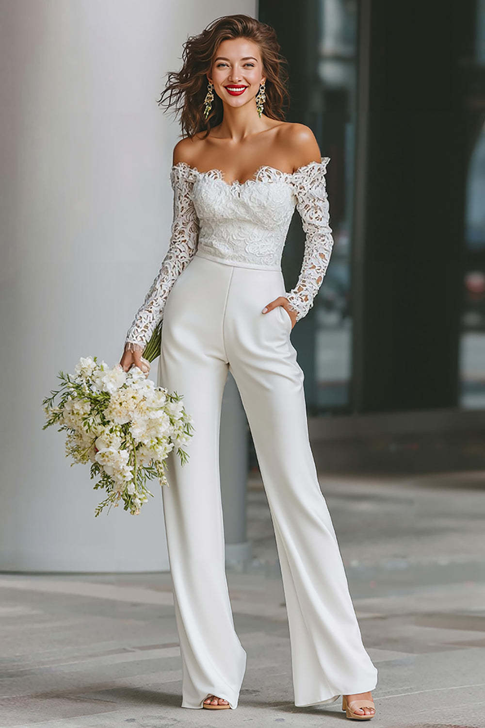 Leely Women White Long Sleeves Bridal Jumpsuits with Pockets Off the Shoulder Wedding Jumpsuits with Lace