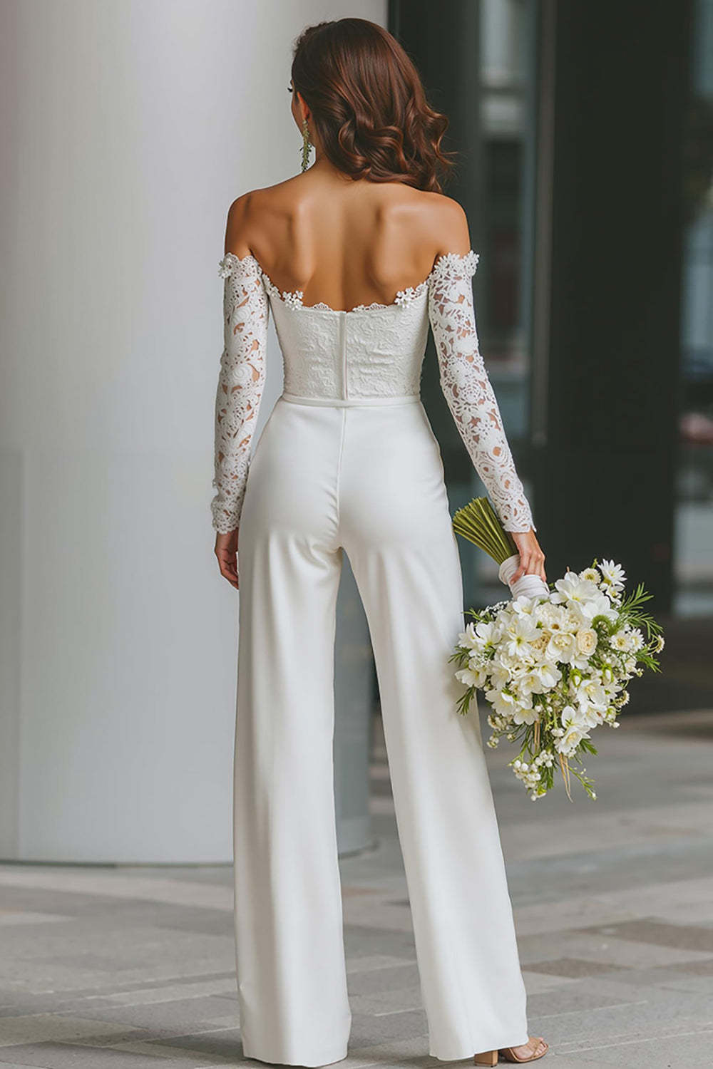 White Off the Shoulder Long Sleeves Bridal Jumpsuits with Pockets
