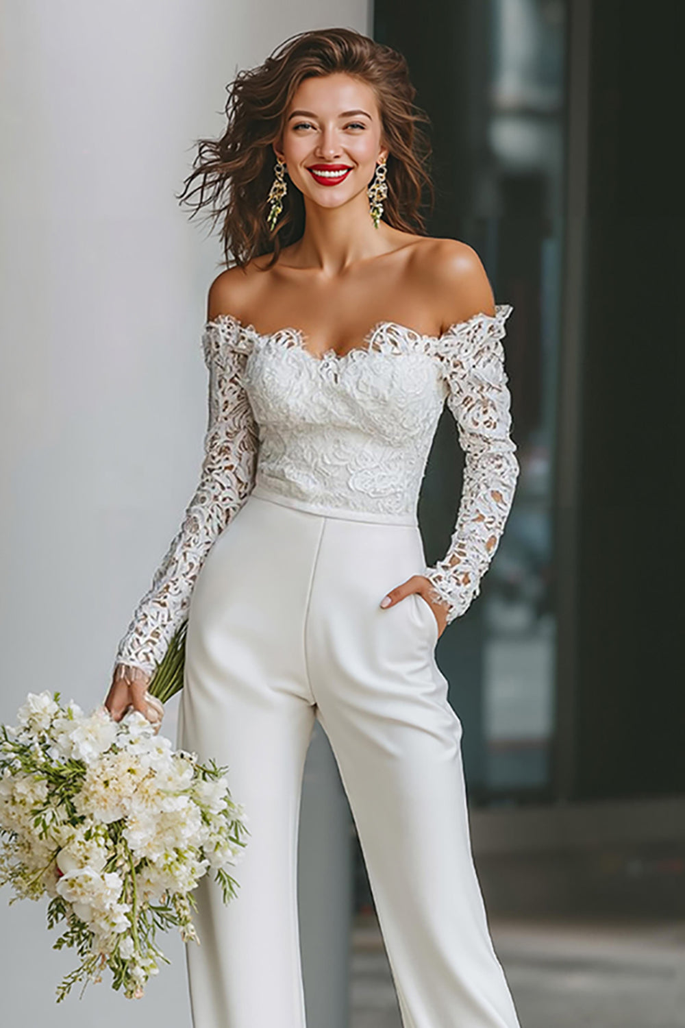 White Off the Shoulder Long Sleeves Bridal Jumpsuits with Pockets