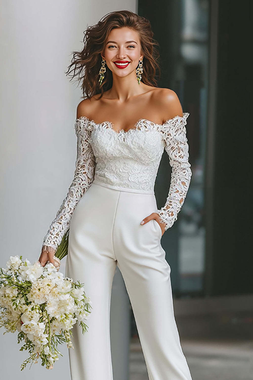 White Off the Shoulder Long Sleeves Bridal Jumpsuits with Pockets