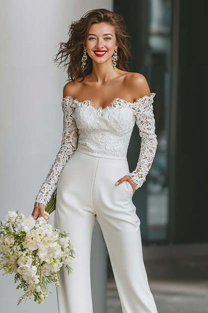 White Off the Shoulder Long Sleeves Bridal Jumpsuits with Pockets
