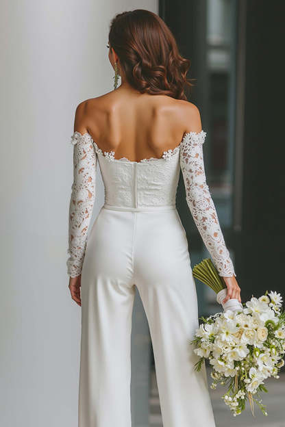 White Off the Shoulder Long Sleeves Bridal Jumpsuits with Pockets