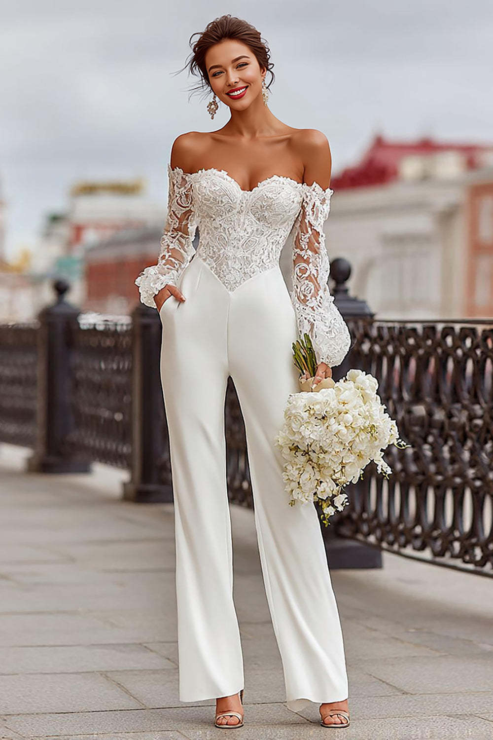 Leely Women White Long Sleeves Bridal Jumpsuits with Lace Off the Shoulder Wedding Jumpsuits with Pockets