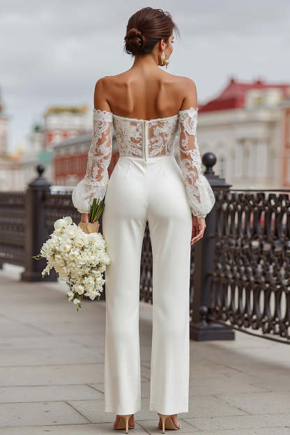 White Off the Shoulder Long Sleeves Bridal Jumpsuits with Lace