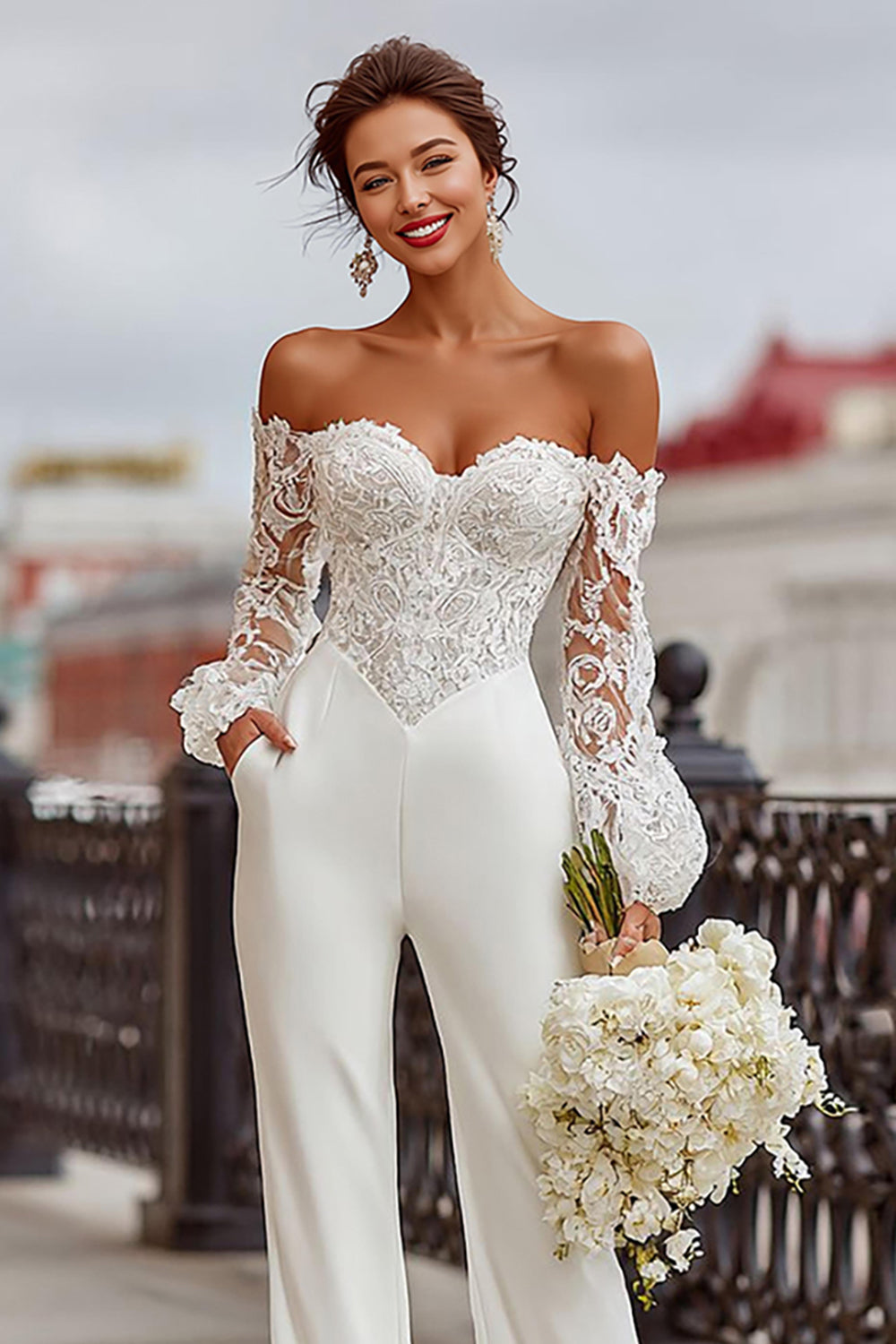 White Off the Shoulder Long Sleeves Bridal Jumpsuits with Lace