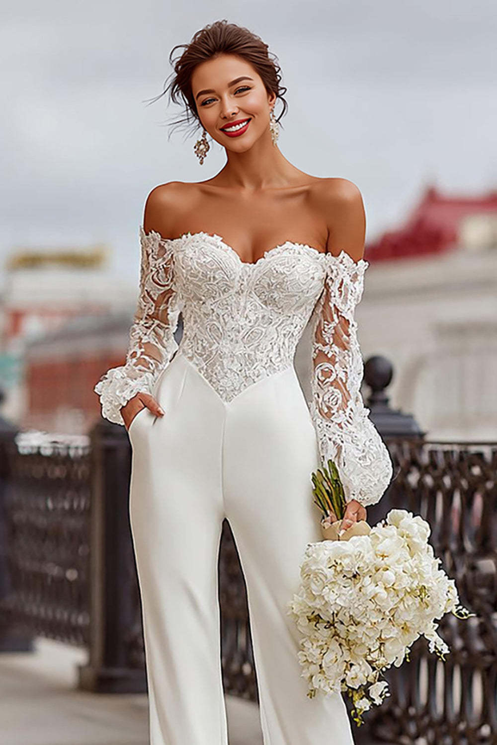 White Off the Shoulder Long Sleeves Bridal Jumpsuits with Lace