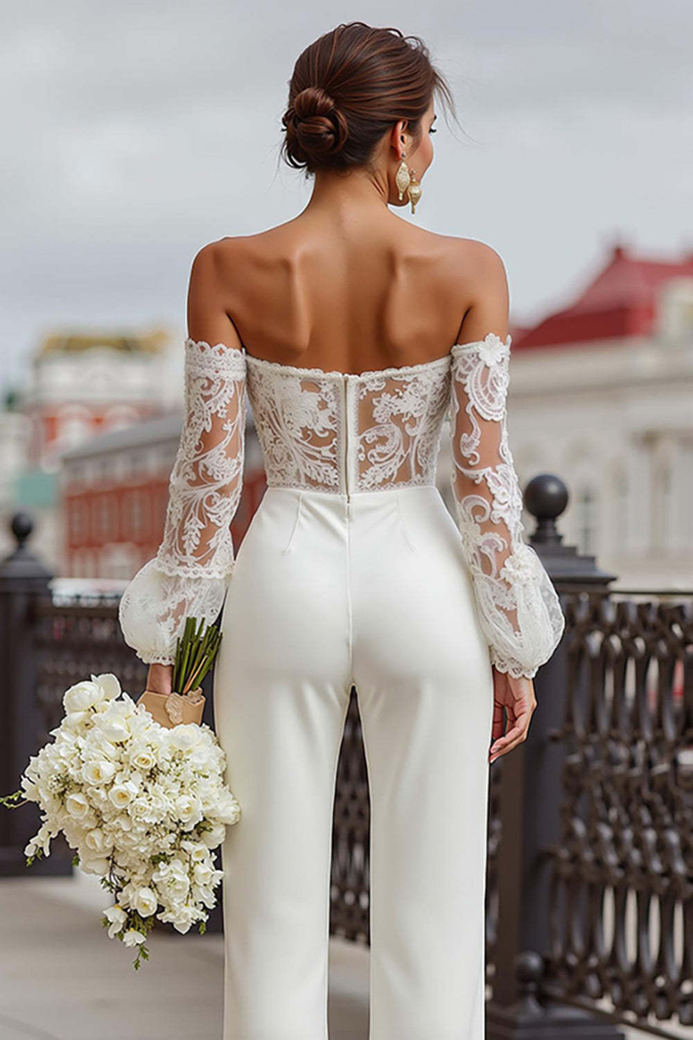 White Off the Shoulder Long Sleeves Bridal Jumpsuits with Lace