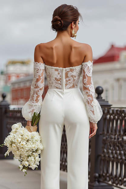 White Off the Shoulder Long Sleeves Bridal Jumpsuits with Lace