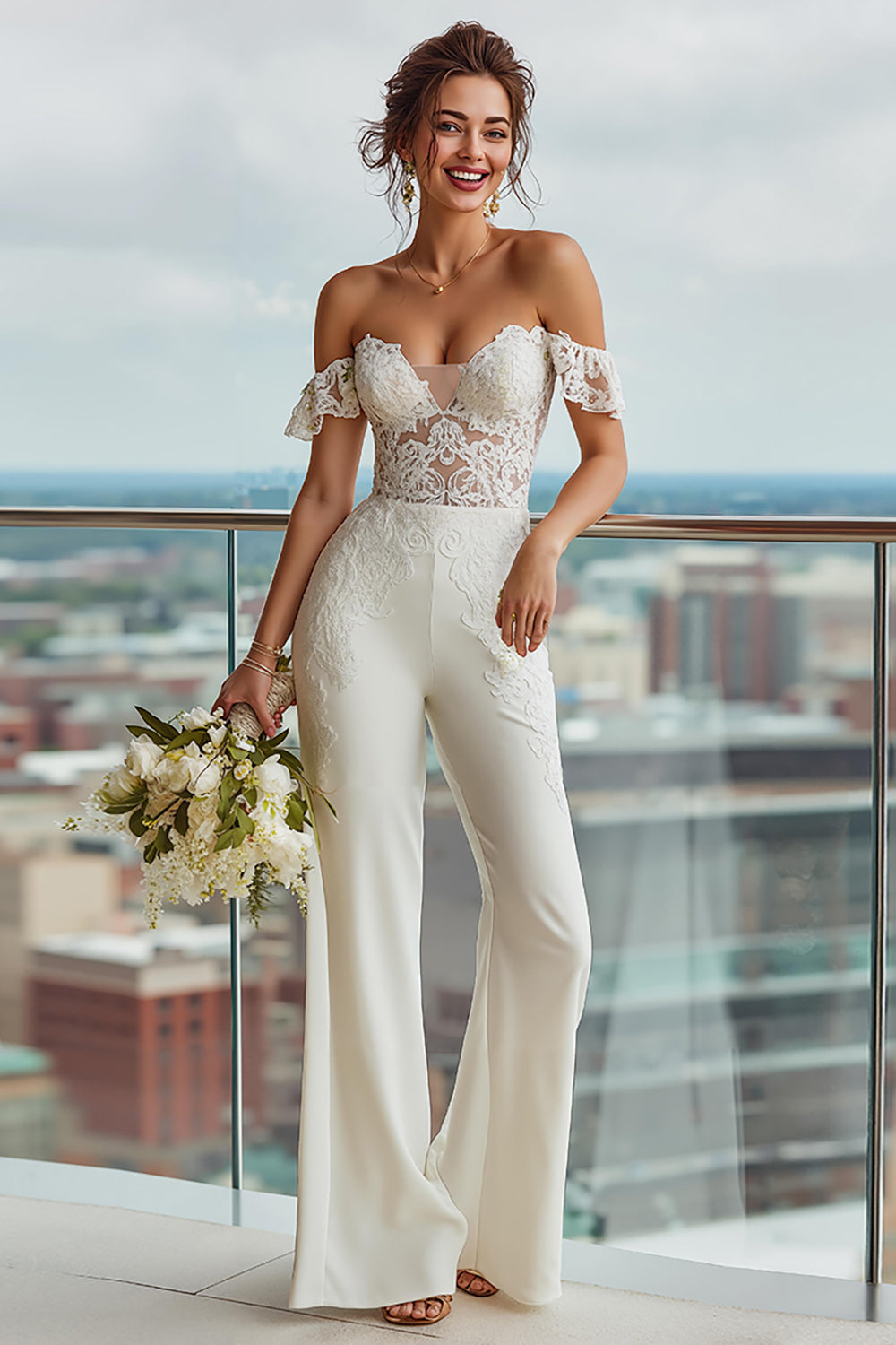 Leely Women Ivory Backless Bridal Jumpsuits Off the Shoulder Wedding Jumpsuits with Lace