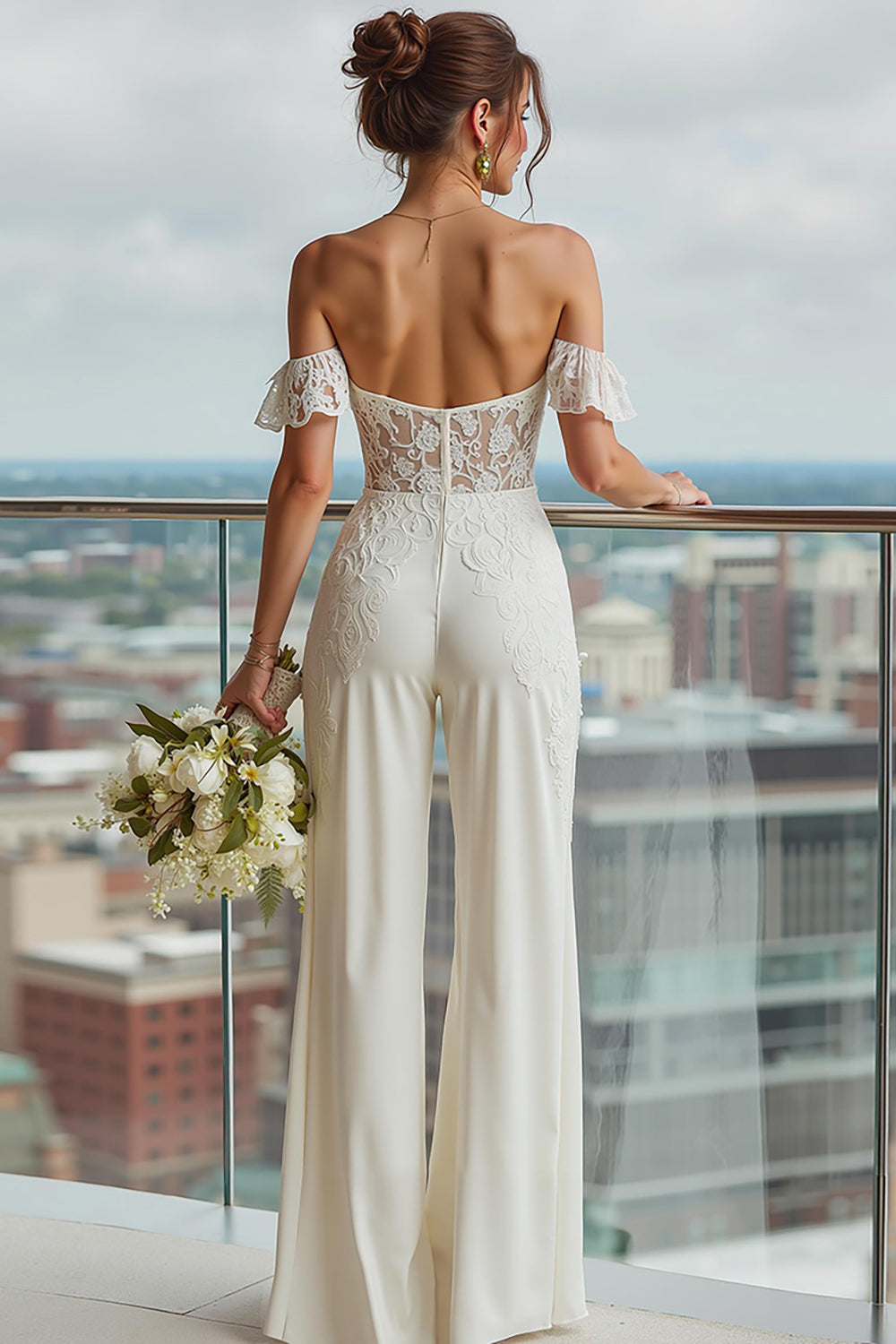 Ivory Backless Off the Shoulder Bridal Jumpsuits with Lace