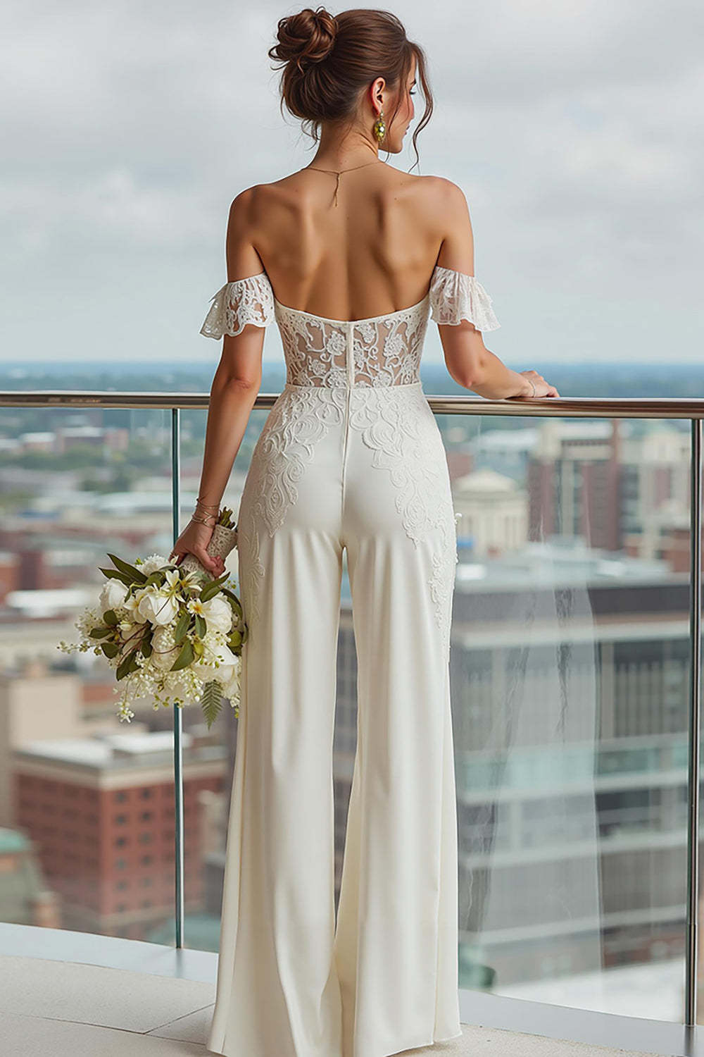 Ivory Backless Off the Shoulder Bridal Jumpsuits with Lace