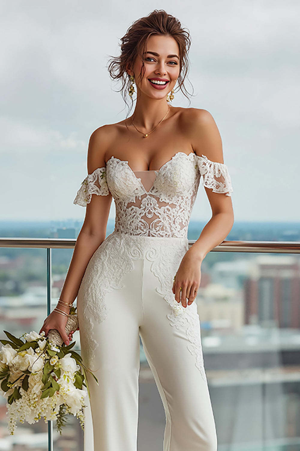 Ivory Backless Off the Shoulder Bridal Jumpsuits with Lace