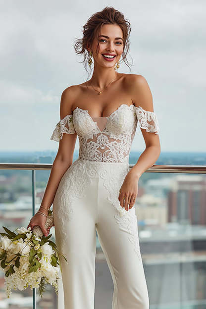 Ivory Backless Off the Shoulder Bridal Jumpsuits with Lace