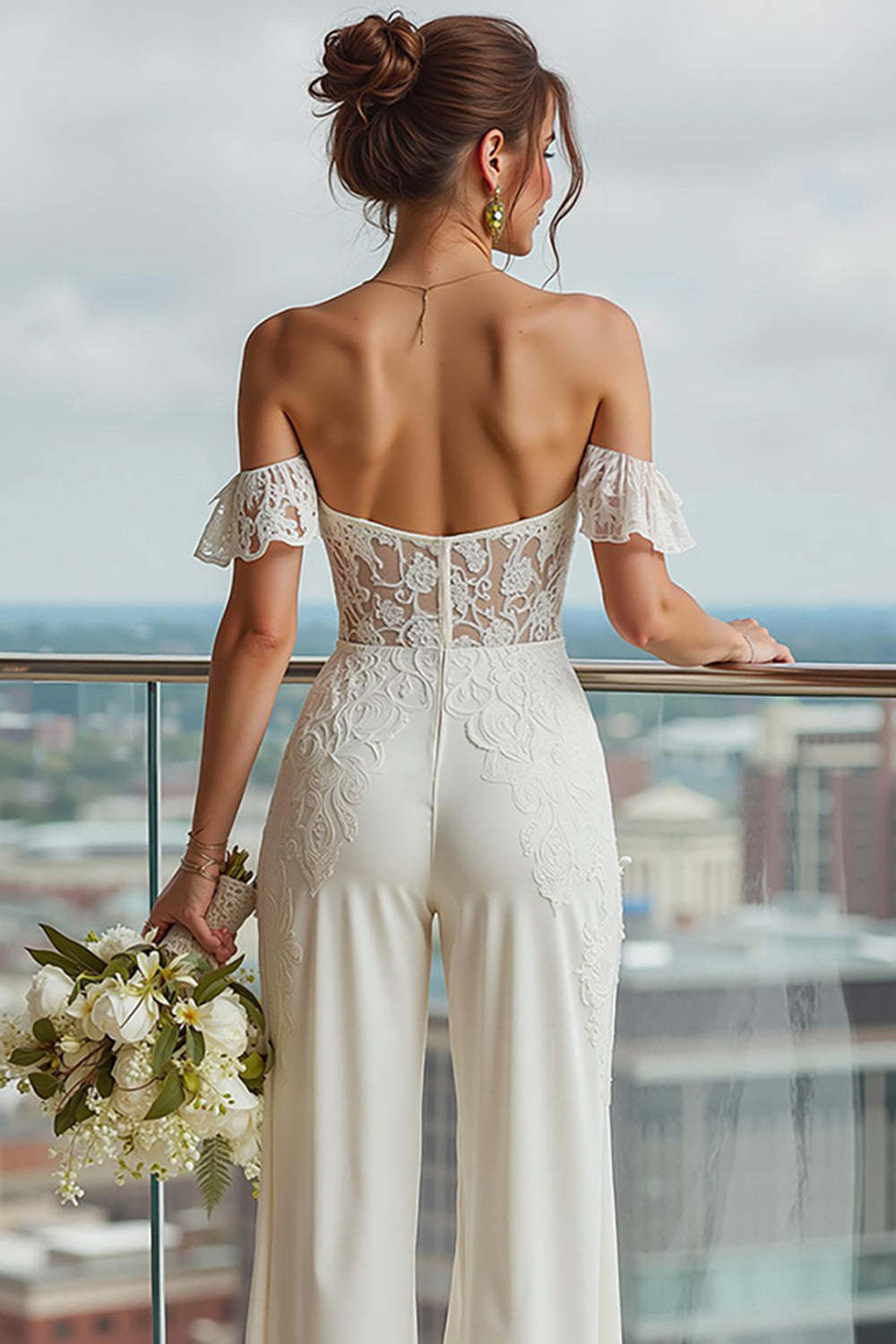Ivory Backless Off the Shoulder Bridal Jumpsuits with Lace