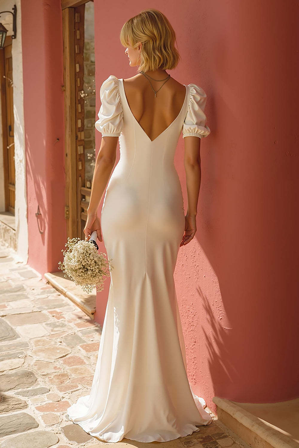 White Short Sleeves Sweep Train Mermaid Wedding Dress with Slit