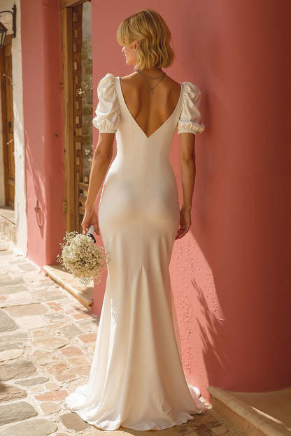White Short Sleeves Sweep Train Mermaid Wedding Dress with Slit