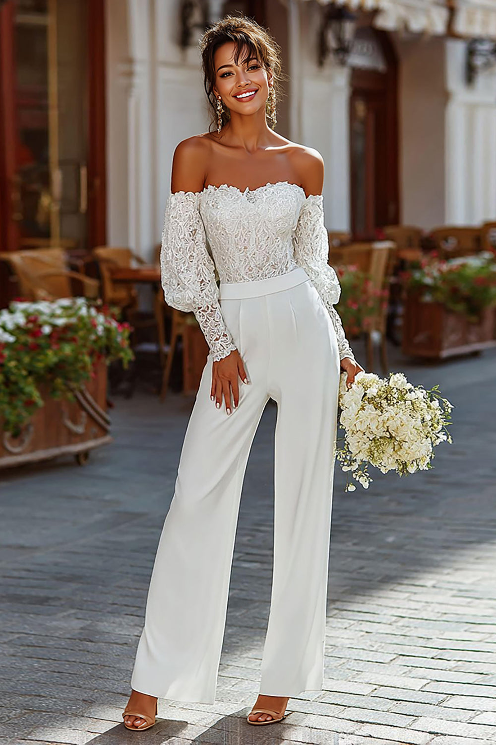 Leely Women White Bridal Jumpsuits with Lace Strapless Long Sleeves Wedding Jumpsuits
