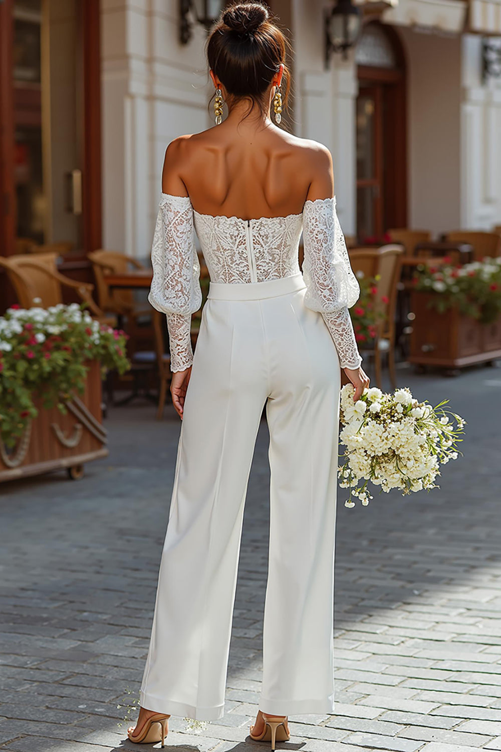 White Lace Strapless Bridal Jumpsuits with Sleeves