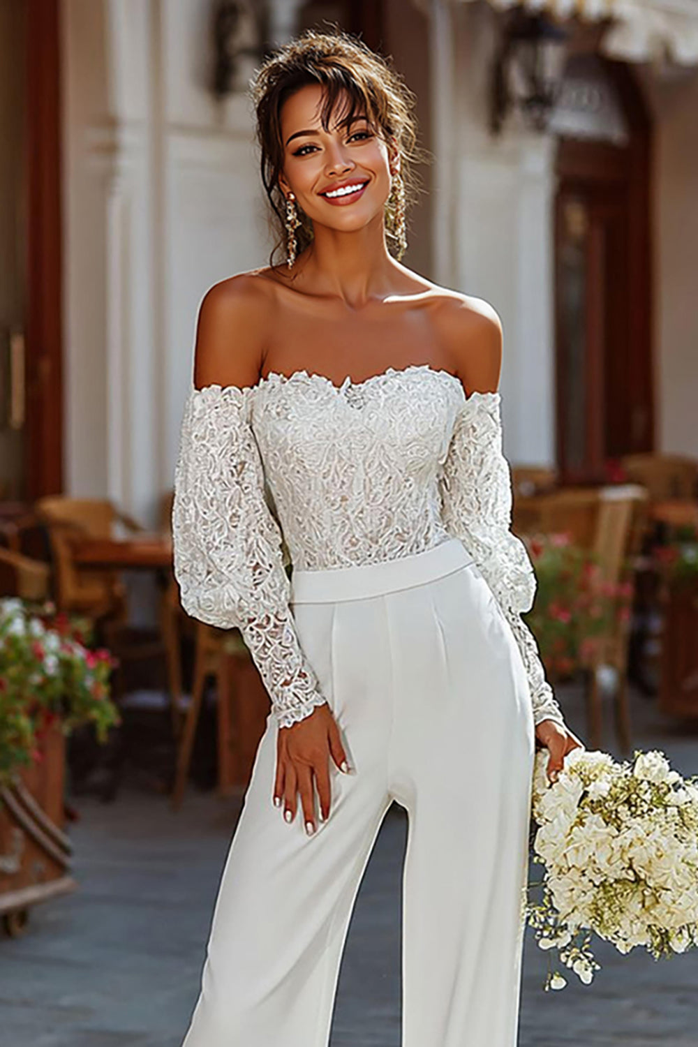 White Lace Strapless Bridal Jumpsuits with Sleeves