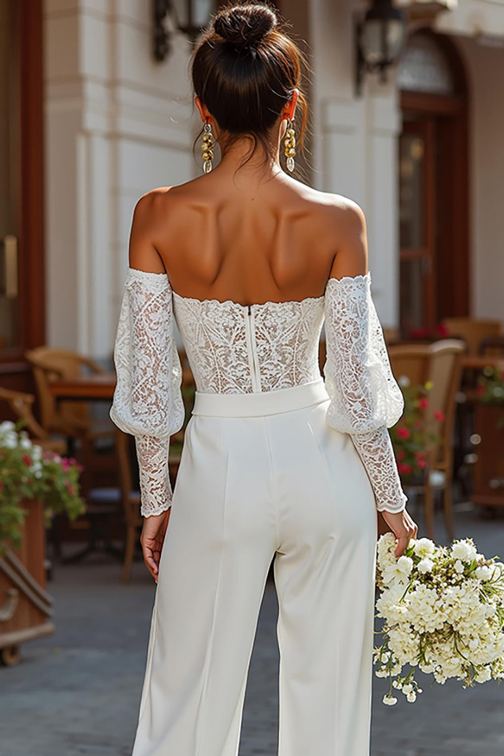 White Lace Strapless Bridal Jumpsuits with Sleeves