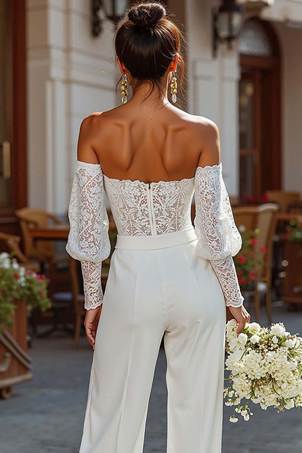 White Lace Strapless Bridal Jumpsuits with Sleeves